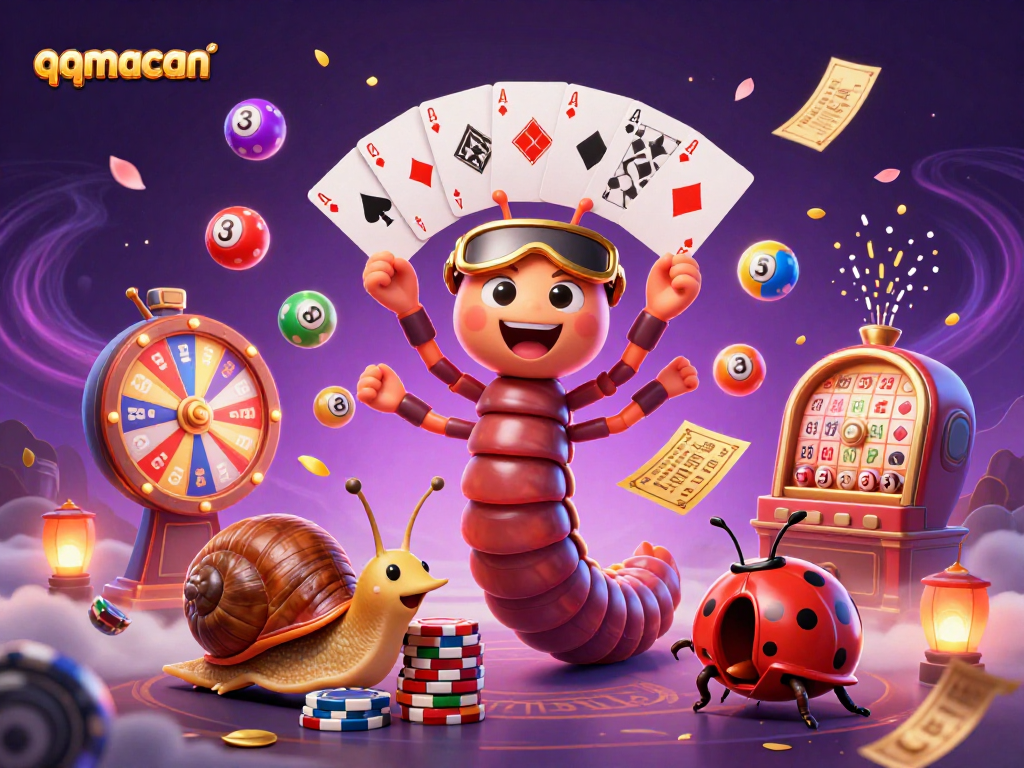 Engage with qqmacan's lively casino atmosphere featuring vibrant characters and energetic game elements.