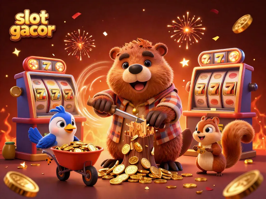 Engaging scene of a beaver with a tree raining coins, showcasing slot gacor symbols to highlight treasures.