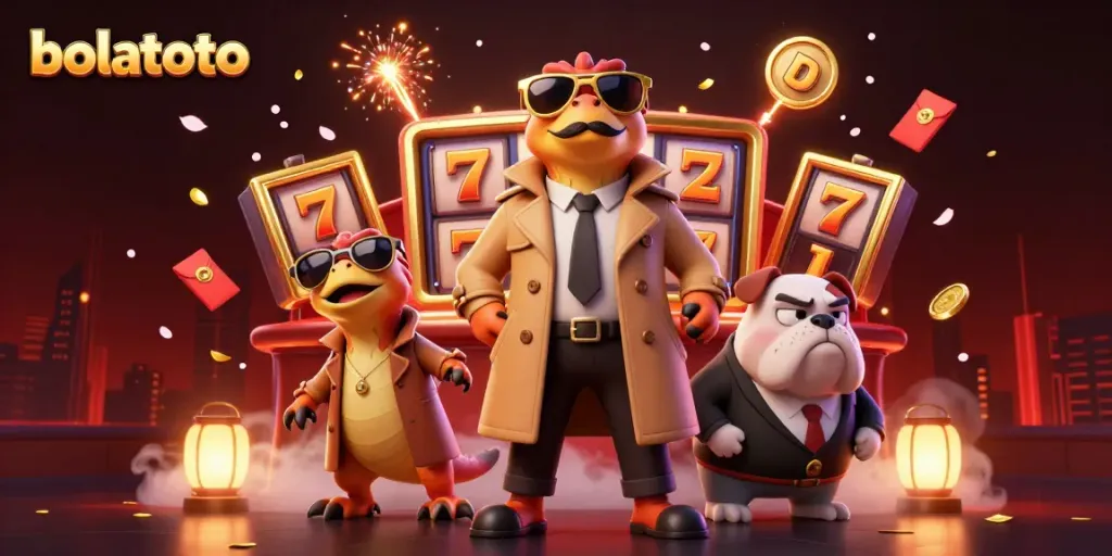 BOLATOTO cartoon raptors in a trench coat trying to enter VIP casino lounge filled with slot elements.