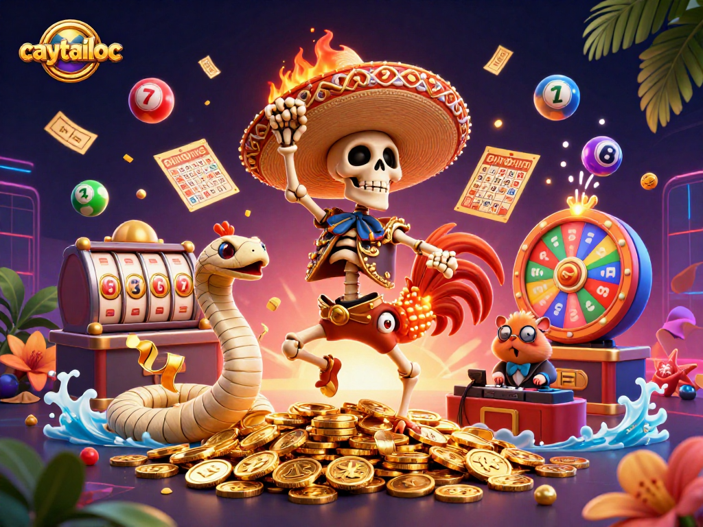 Play and win big with caytailoc as colorful elements spin amidst an exciting 3D casino scene.