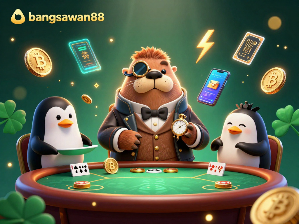 Play at bangsawan88 with a jolly walrus ready for poker action in a vibrant casino scene.
