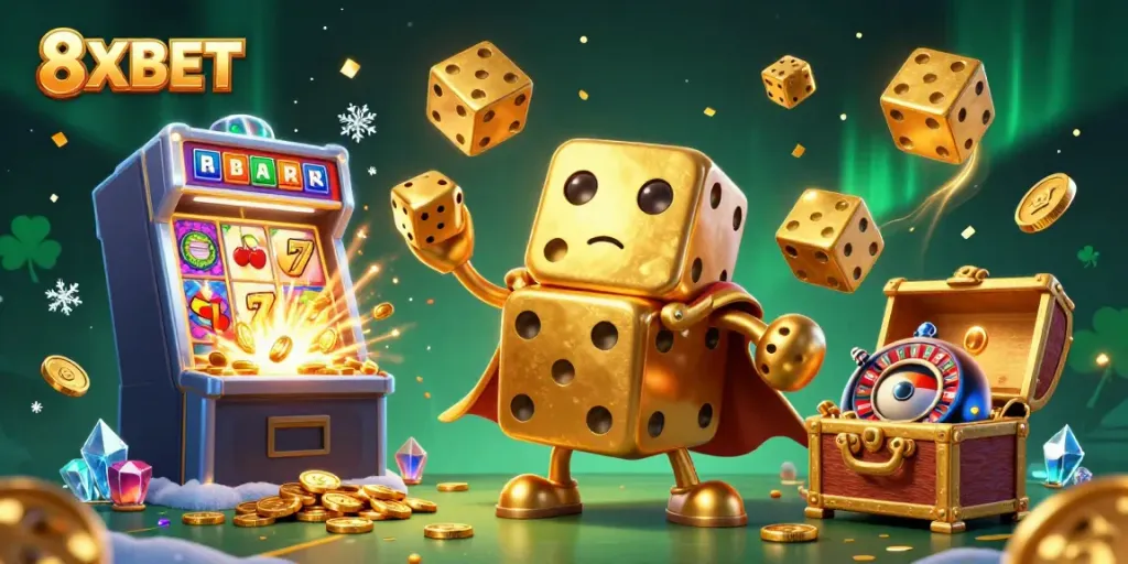 Experience the thrill of 8XBET with a dazzling casino scene featuring golden dice, slot machines, and vibrant game elements.