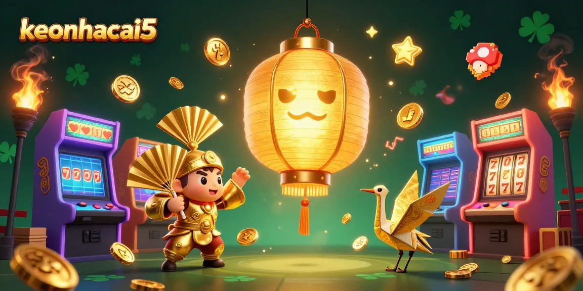 Engage in dynamic gaming with keonhacai5 featuring gold lanterns and arcade games.
