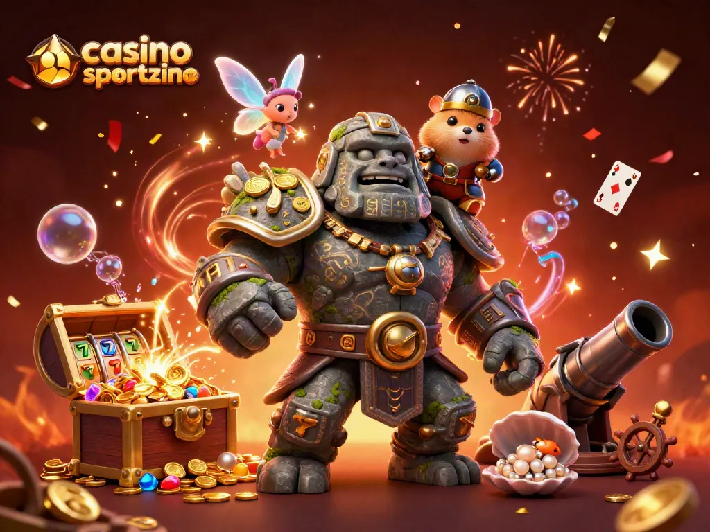 Engage with casino like Sportzino through an exciting scene with golem, fairy, and hamster knight.