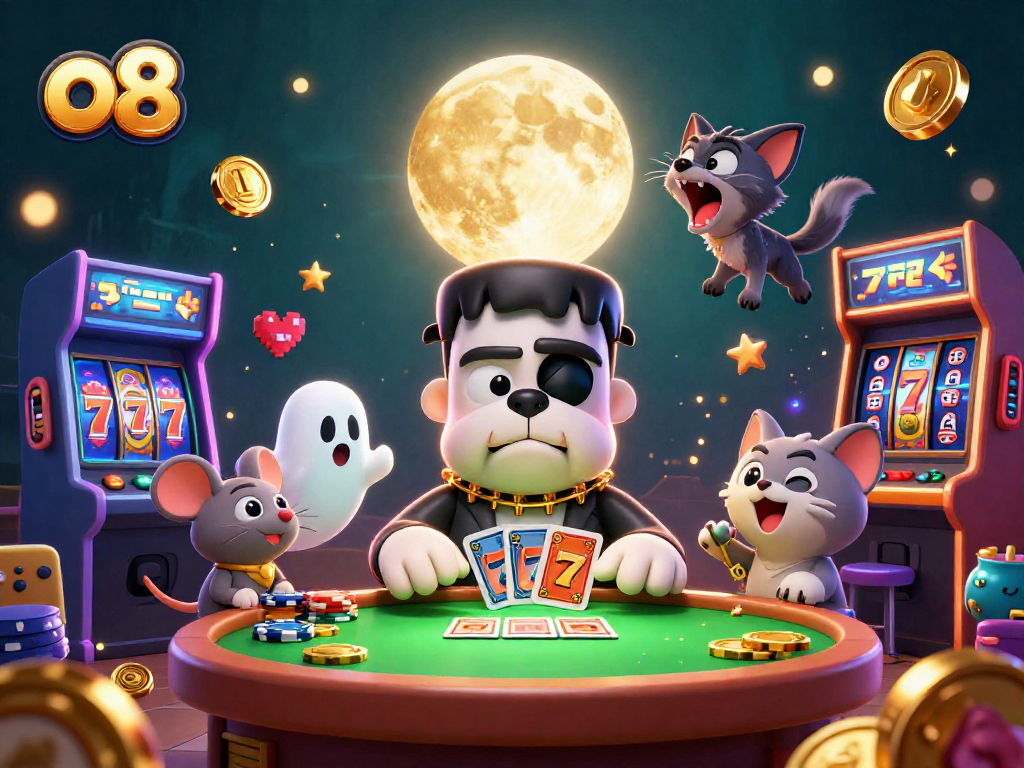 Join the fun at o8's colorful casino table with a playful Frankenstein bulldog and a ghost mouse.