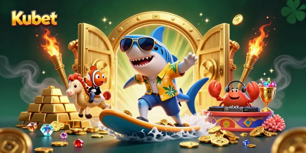 Kubet casino illustration showcasing a shark surfing gold coins with vibrant underwater creatures.