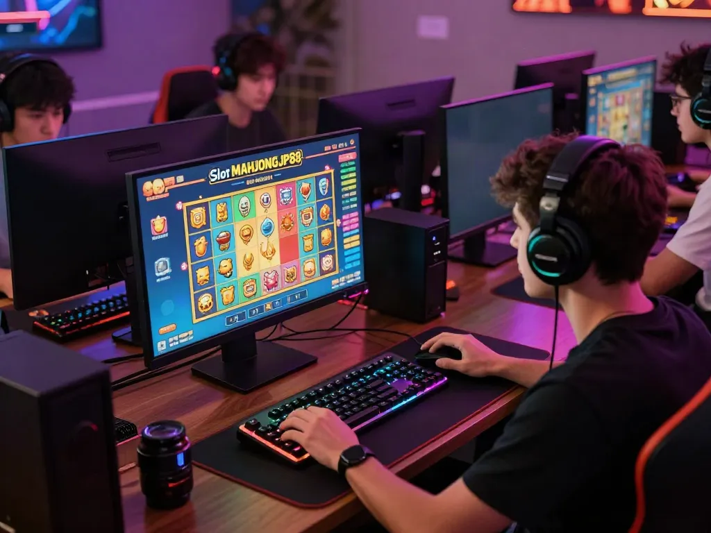 Exciting gaming atmosphere with Slot MAHJONGJP88 interface highlighted, gamer immersed at multiple screens.