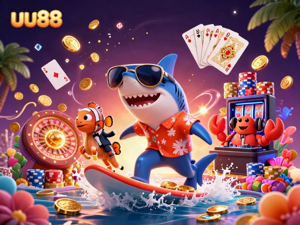 Experience exciting gameplay at uu88 with a 3D shark surfing on gold coins amidst casino elements.