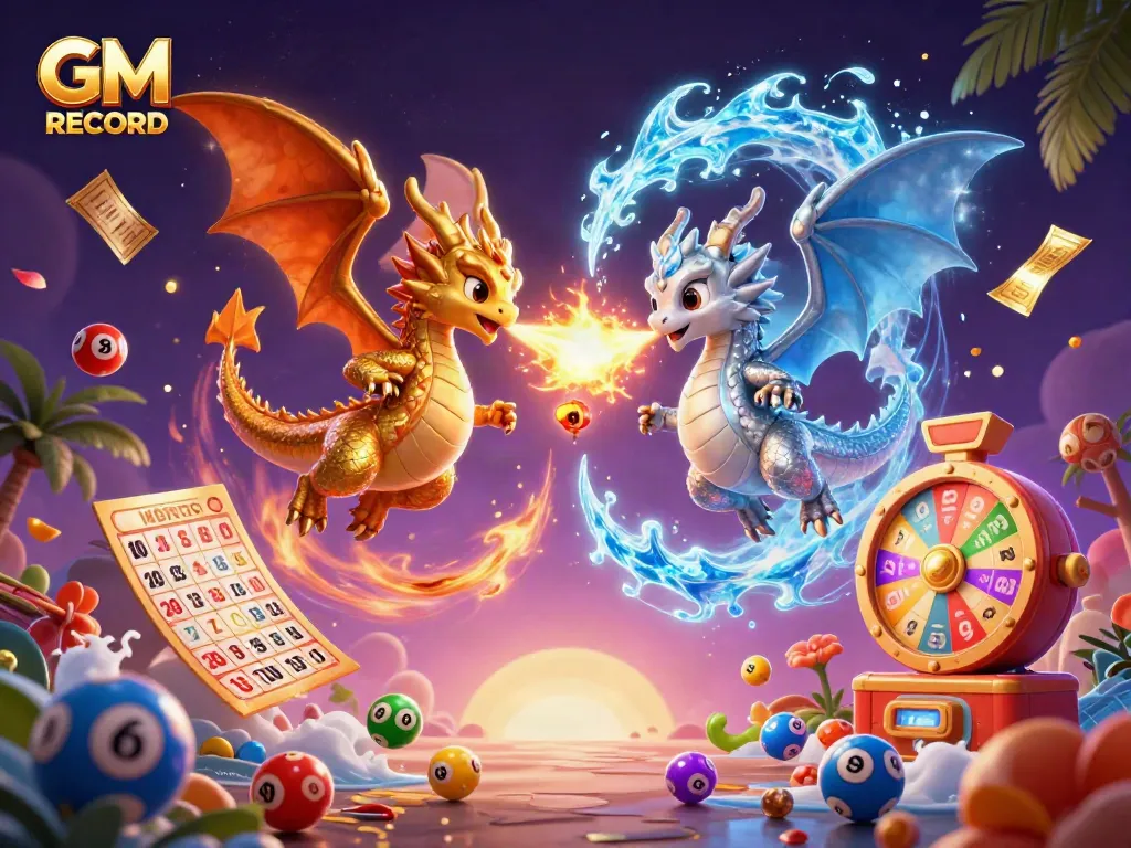 Engage in entertainment with GM RECORD's dynamic gaming illustration featuring dragons and vibrant lottery elements.