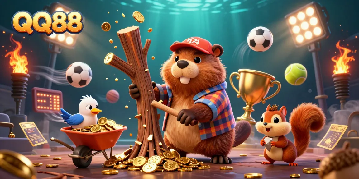 Bet on QQ88 with a dynamic scene of beaver, bird, and squirrel enjoying golden rewards.