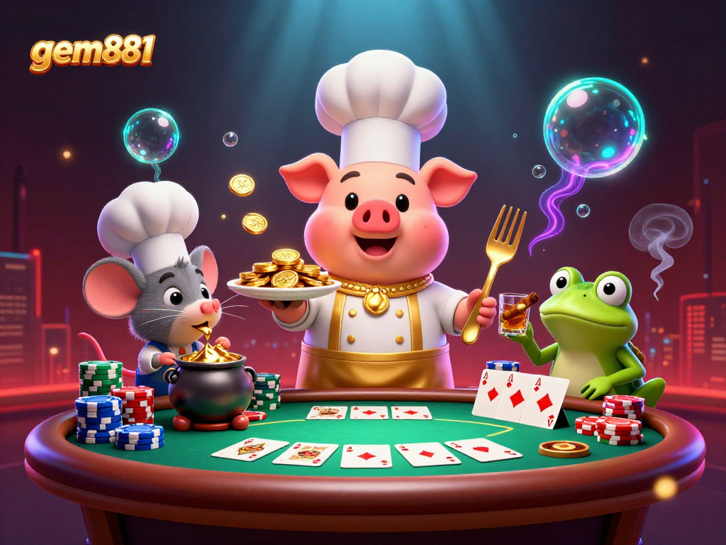 Experience gem881’s vibrant casino scene with a chef and whimsical characters presenting gold coins.