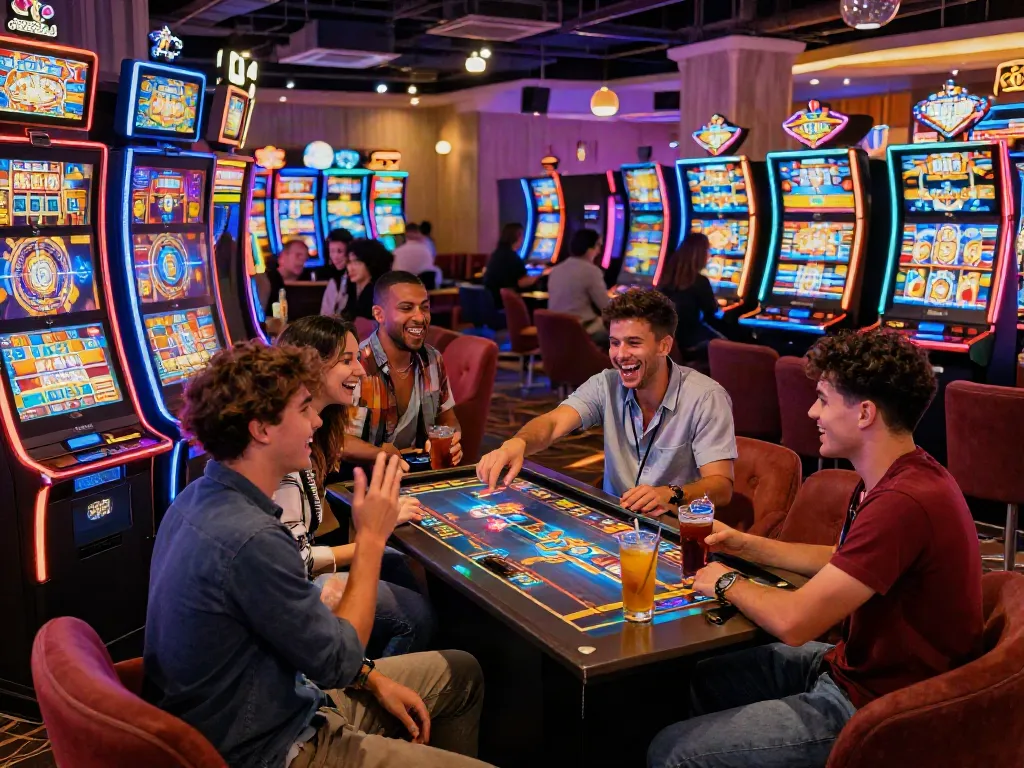 Friends playing slot demo games in a lively casino atmosphere with colorful machines.