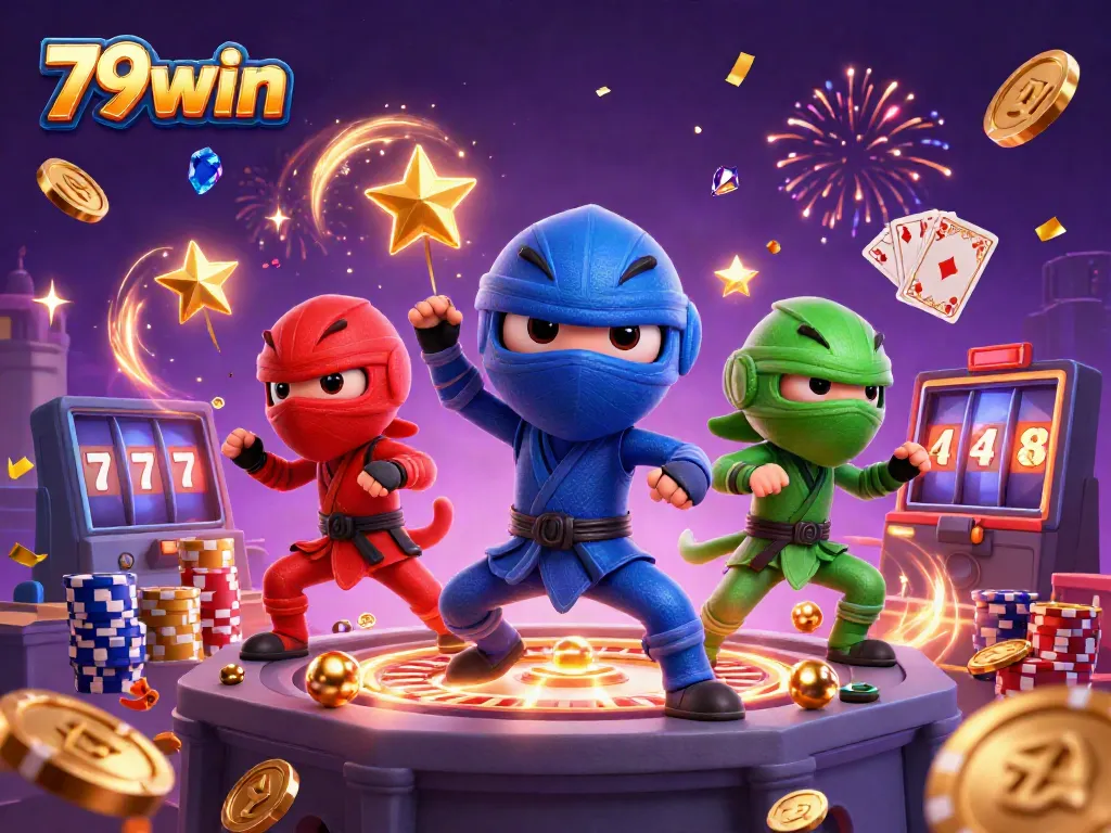 Experience thrilling action with 79win's chameleon ninjas amidst sparkling casino elements.