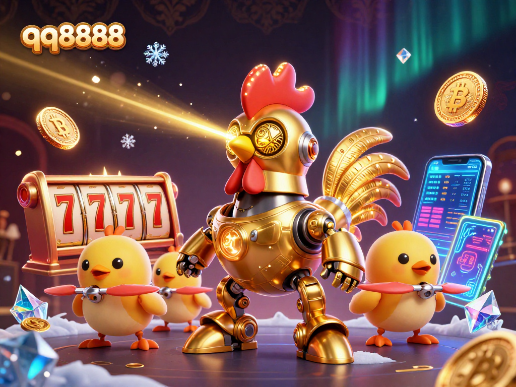 Engage in thrilling gameplay with qq8888 as a golden rooster robot and baby chick drones enhance the jackpot experience.