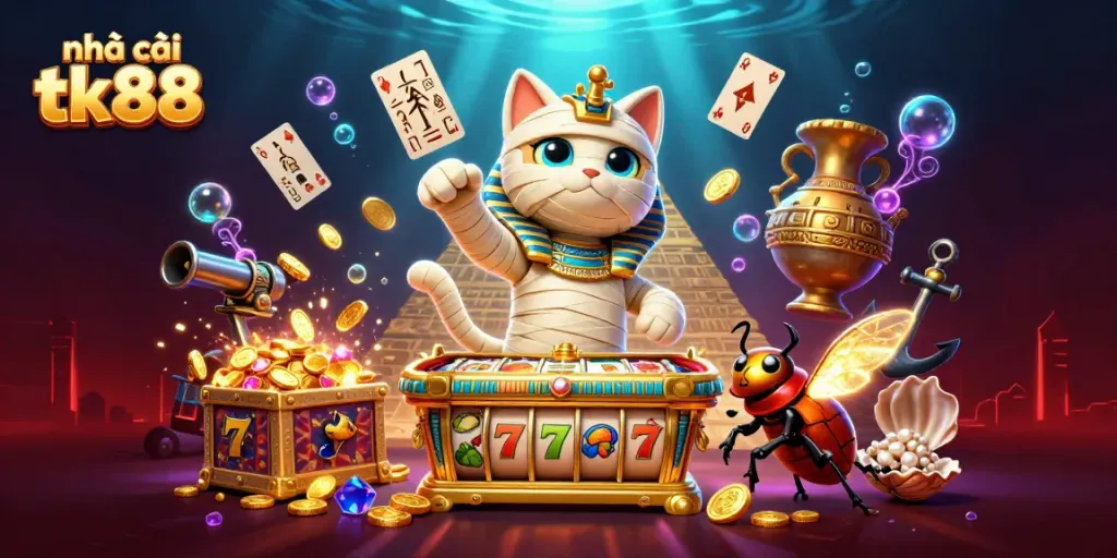 Experience the thrill of nhà cái tk88 casino with vibrant slot reels, a mummy cat hero, and treasures!