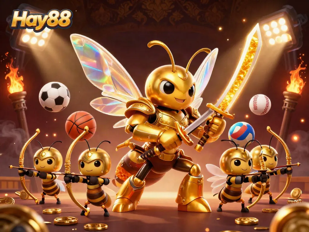 Hay88 showcases a golden hornet samurai bringing excitement to sports betting in this vibrant illustration.