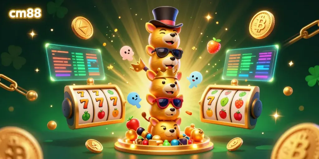 Experience exciting gambling with cm88, a dynamic totem pole illustration surrounded by slot game elements and cryptocurrency coins.