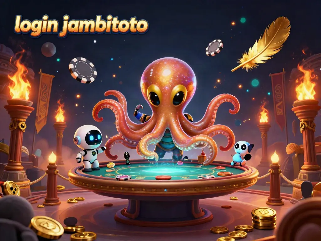 Engage with the spectacular scene of the login jambitoto featuring an alien octopus at a holographic poker table.