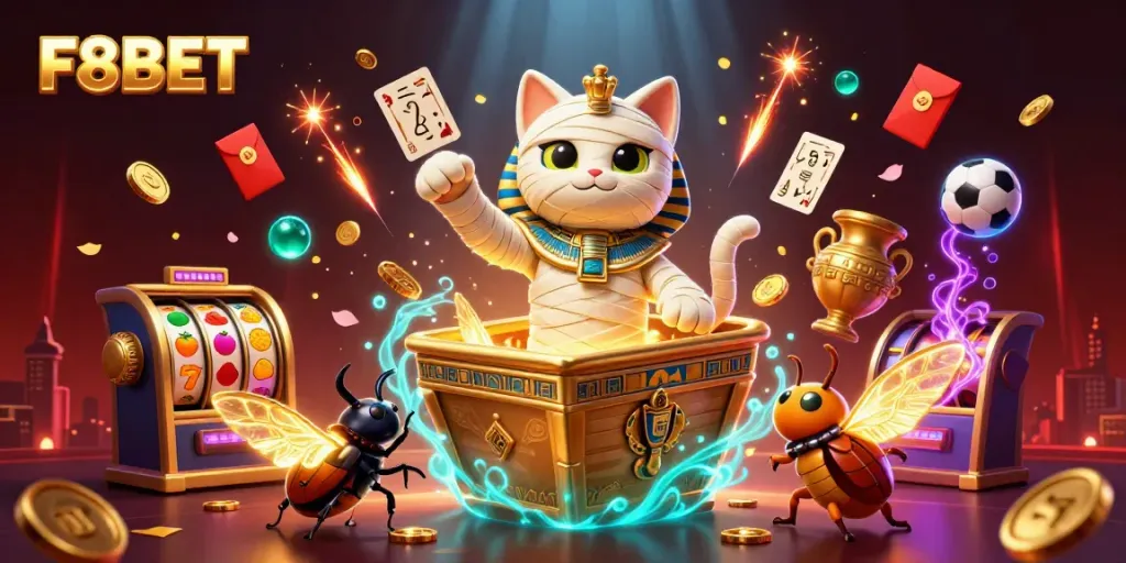 Experience the excitement of F8BET with a 3D Egyptian mummy cat bursting from a casino sarcophagus.