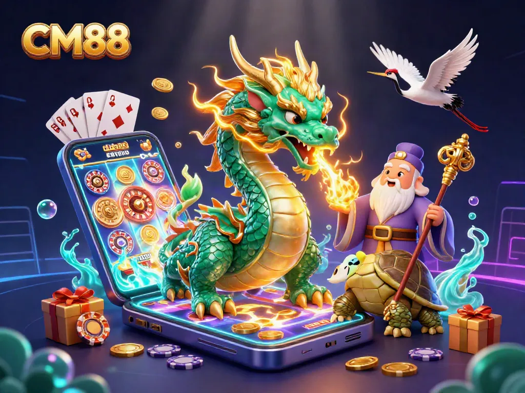 Experience thrilling gaming at CM88 with a vibrant 3D dragon and turtles surrounded by dynamic casino elements.