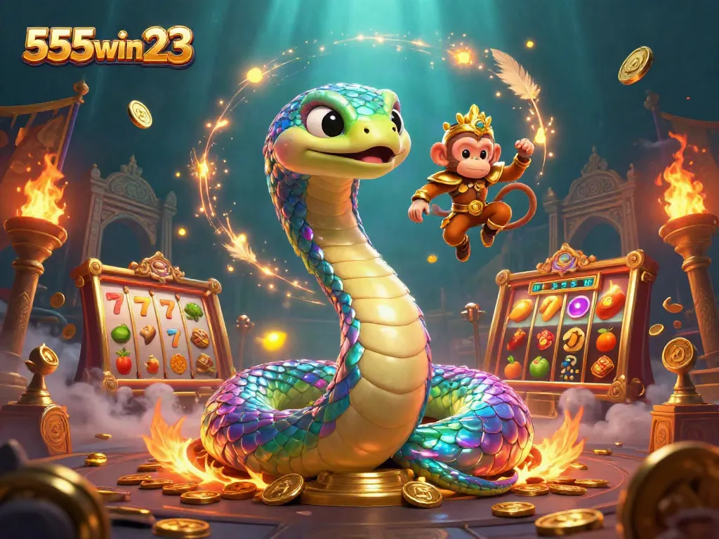 Experience the thrilling atmosphere of 555win 23 with a vibrant serpent and playful characters in a dynamic casino scene.