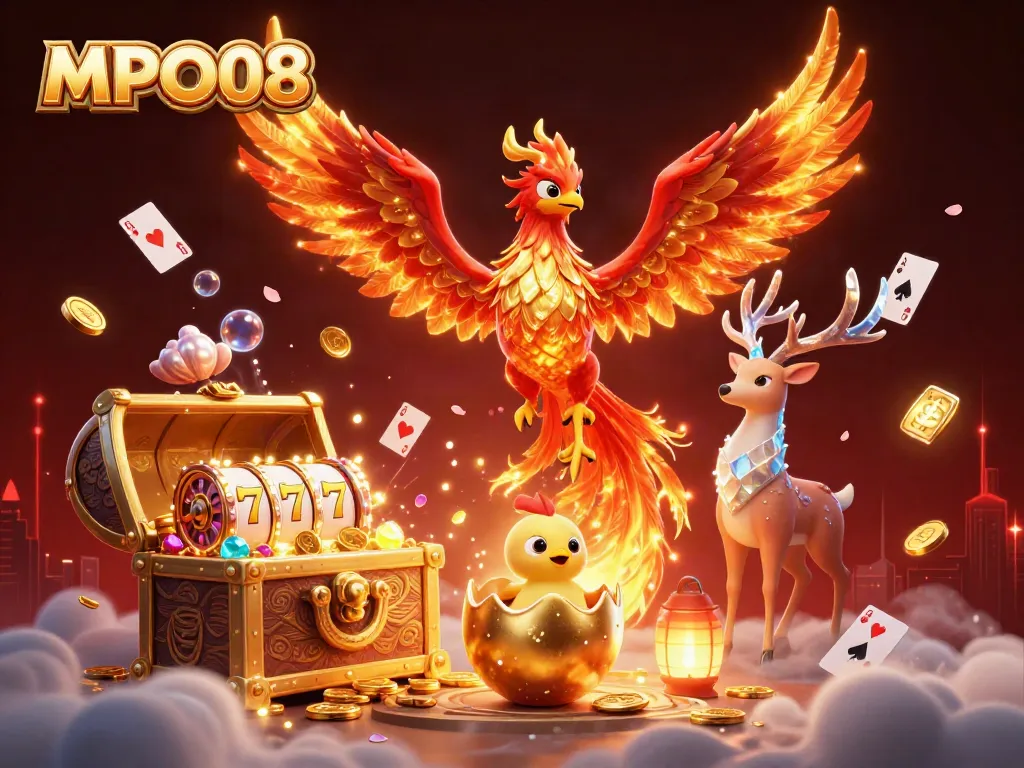 MPO08 ignites excitement with stunning 3D illustration featuring phoenix and slot reels.