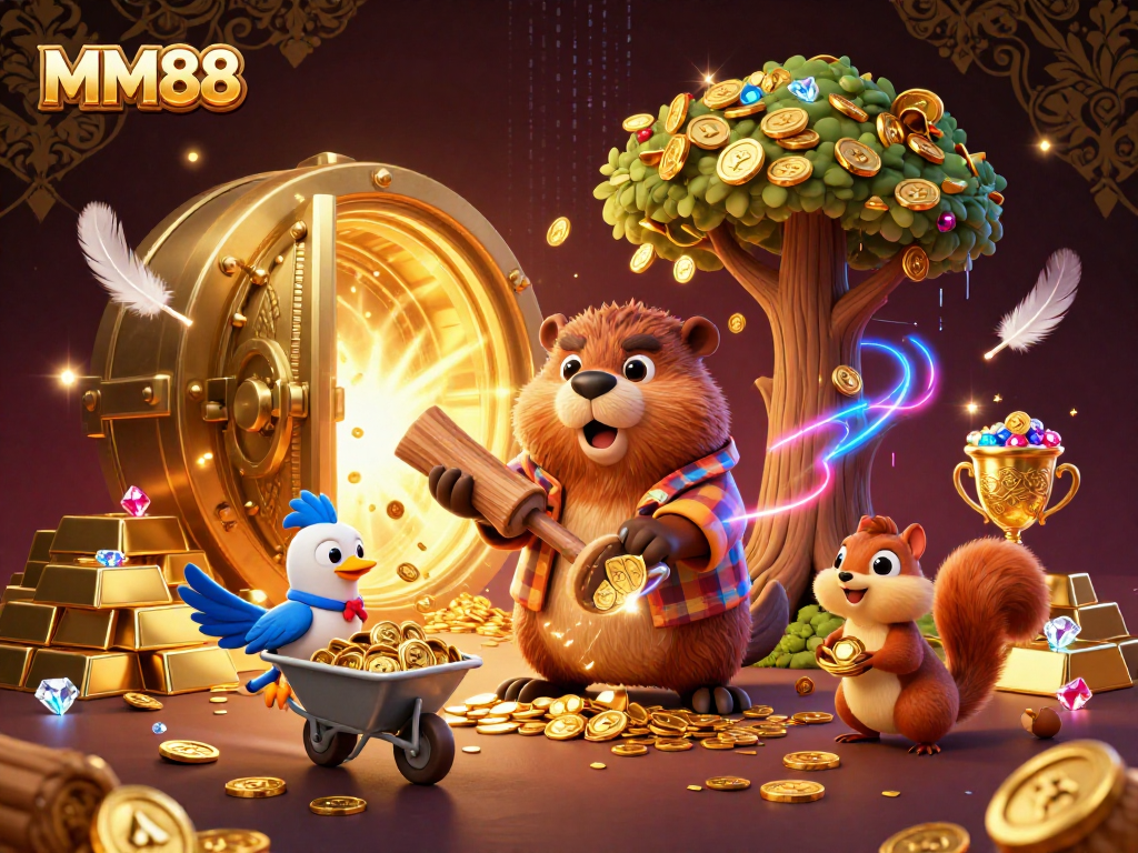 Join the MM88 adventure with a festive scene filled with gold coins, lucky charms, and gaming excitement!