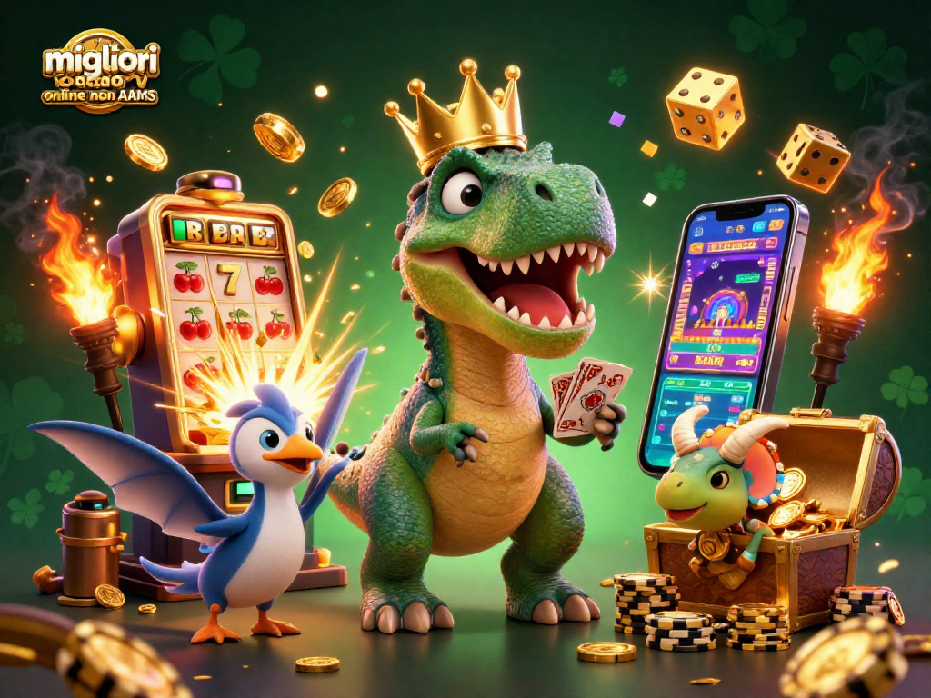 Gioca nei migliori casino online non AAMS: divertenti dinosauri al tavolo da gioco con slot machine e gettoni d'oro.