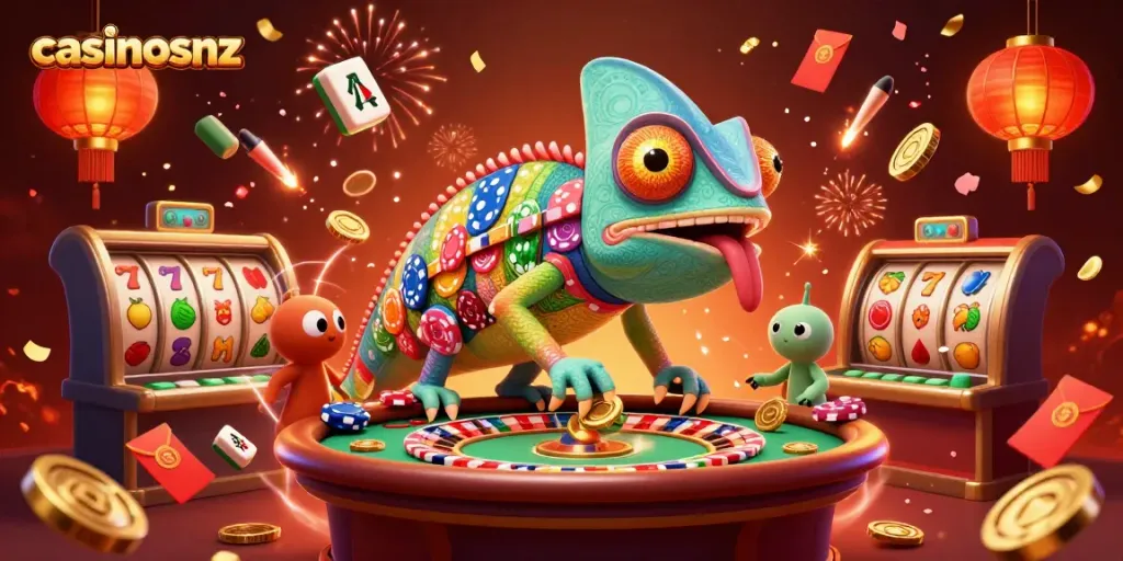 Experience vibrant gaming at casinosnz with a colorful chameleon casino owner surrounded by festive elements.