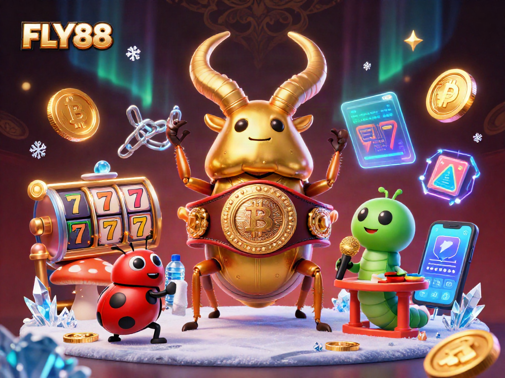 FLY88 showcases an energetic casino scene with colorful slot games, shining coins, and playful characters.