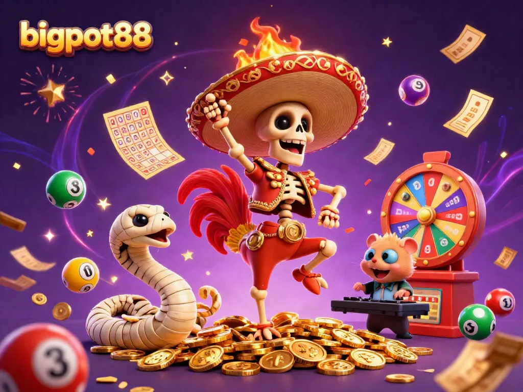 Celebrate big wins with bigpot88, featuring a vivid scene of a skeleton mariachi dancing among golden coins and colorful lottery elements.