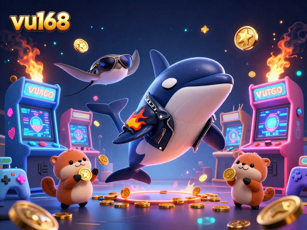 Experience the excitement of vu168 with vibrant characters and casino elements in a dynamic 3D scene.