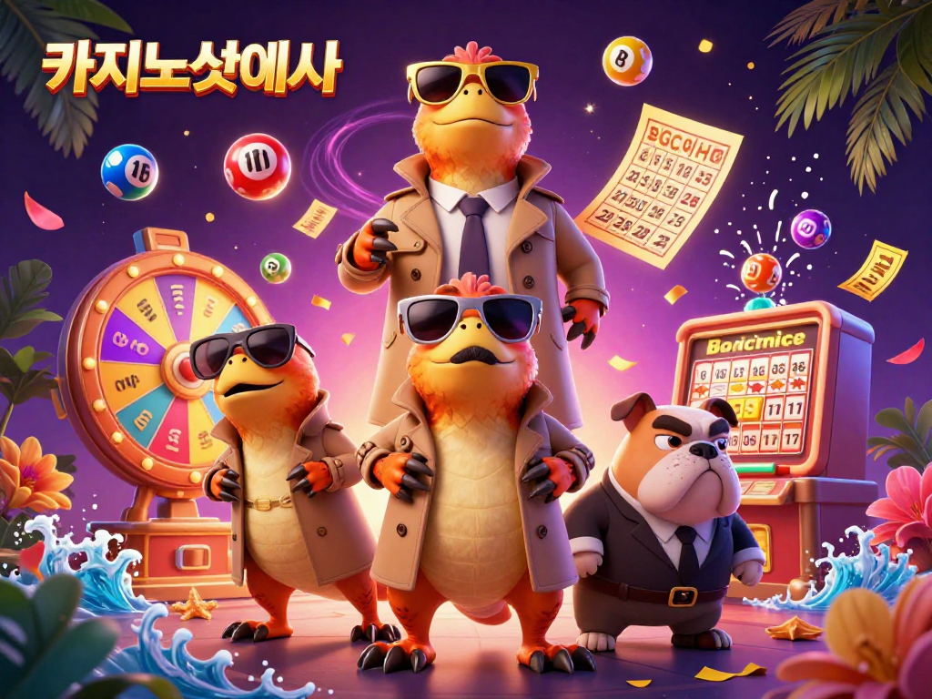 카지노사이트의 VIP 라운지에 들어가려는 트렌치코트를 입은 3D 공룡 세 마리와 의심스러운 경비견의 장면