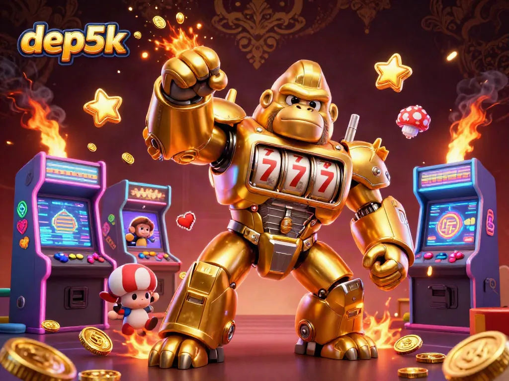 Engage in slot gaming excitement with depo5k's 3D golden gorilla mech bursting with coins.