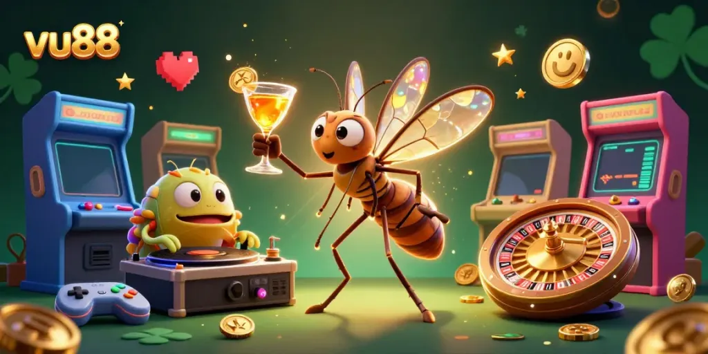 Experience playful casino fun with vu88, featuring a lively 3D scene of unique characters and gaming elements.
