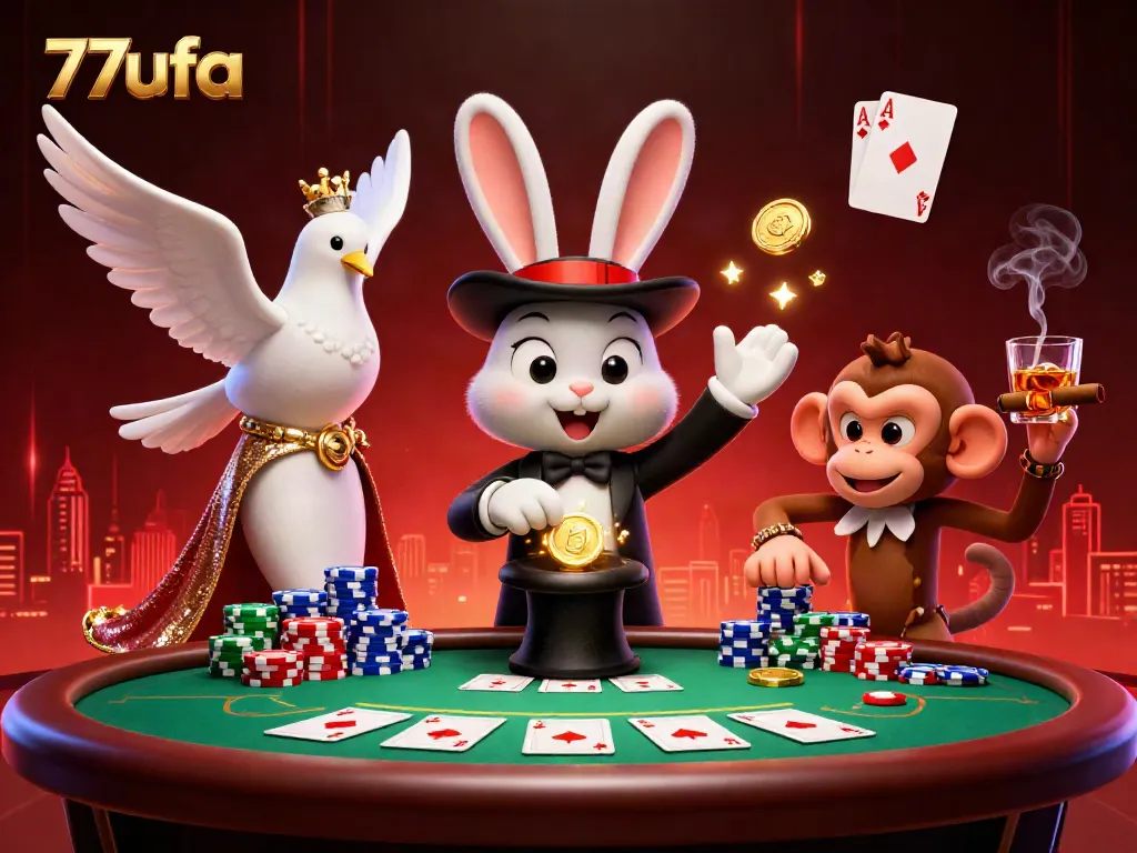Experience the thrilling magic of gambling with 77ufa, featuring a magician rabbit, dove, and monkey in a dynamic casino scene.