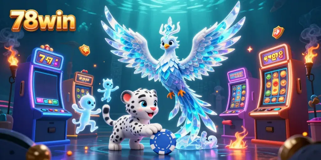 Experience exhilarating wins with 78win's vibrant 3D casino illustration featuring lucky jackpots and character adventures.