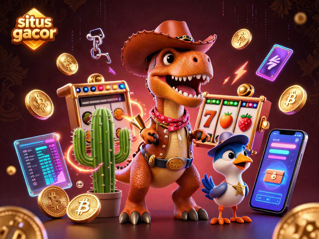 Gambarlah situs slot gacor dengan karakter dinosaurus dan simbol slot yang menarik.