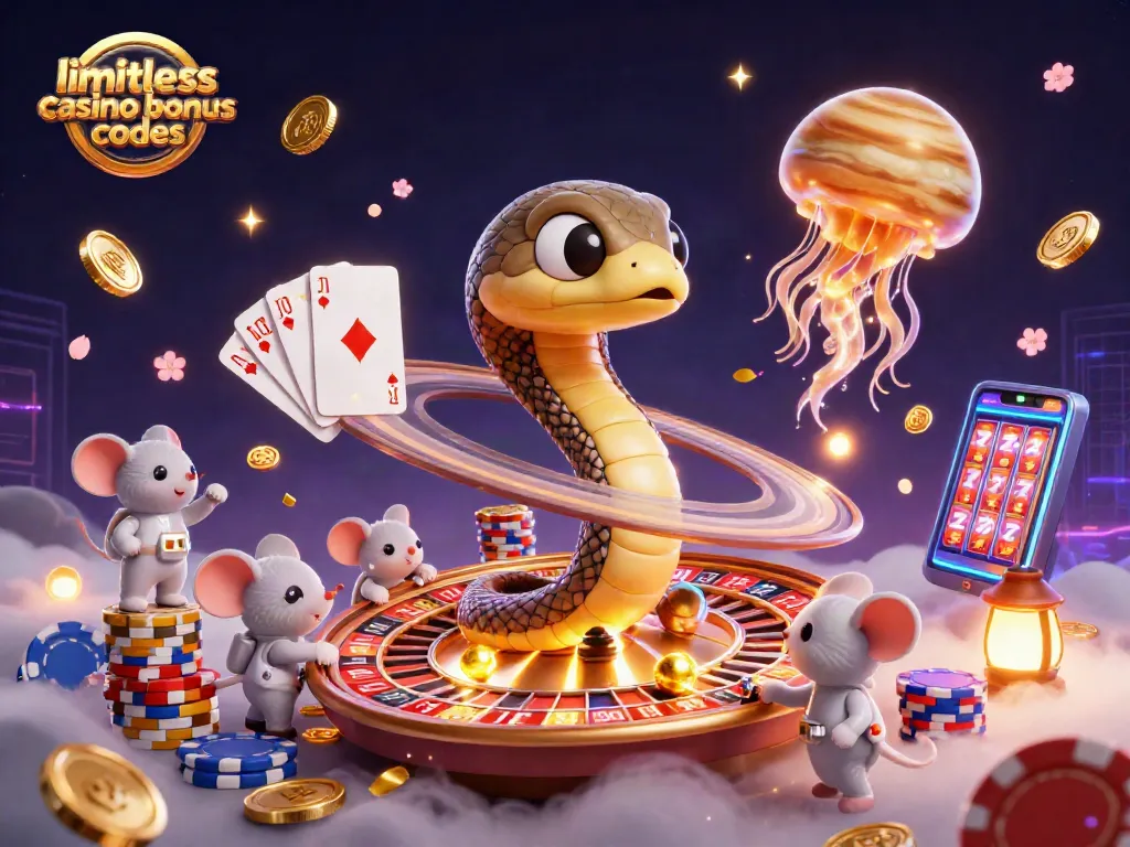 Experience limitless casino bonus codes with a vibrant cosmic casino scene featuring astronaut mice and a roulette wheel.