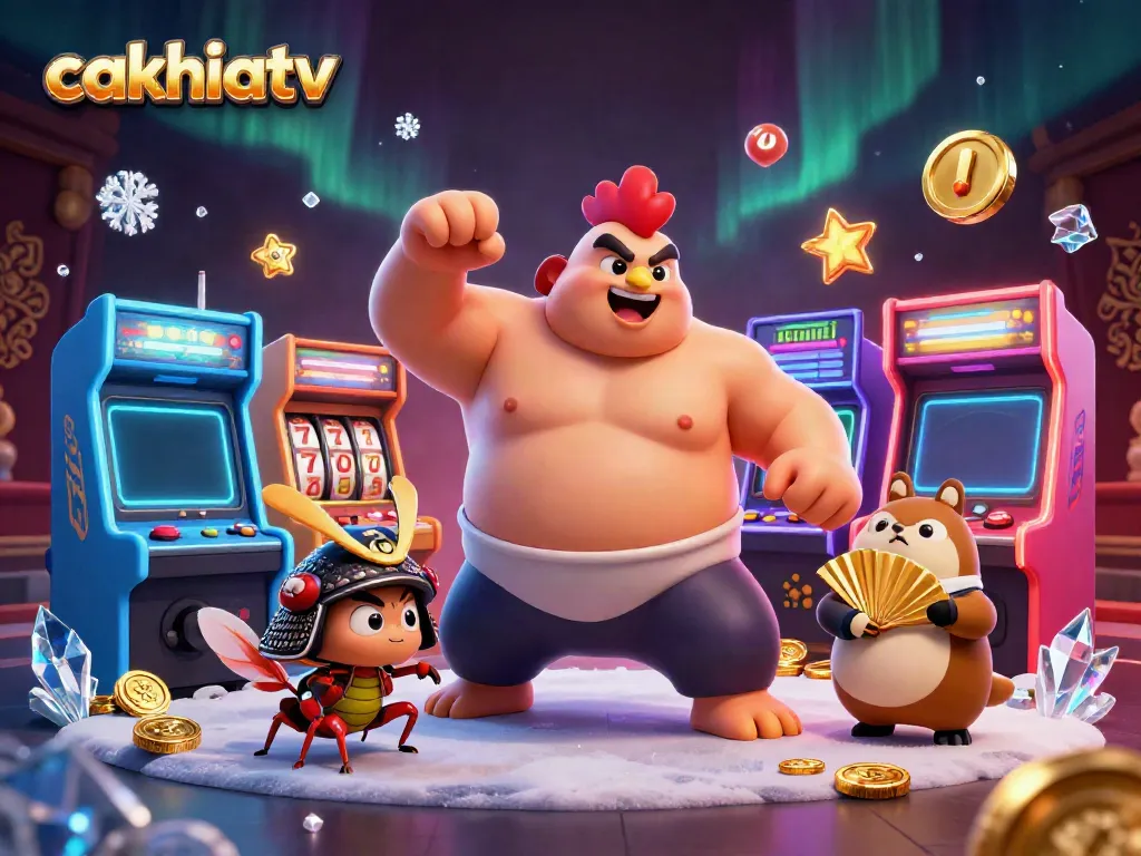 Engaging 3D illustration of cakhiatv showcasing dynamic casino gaming elements with lively characters.