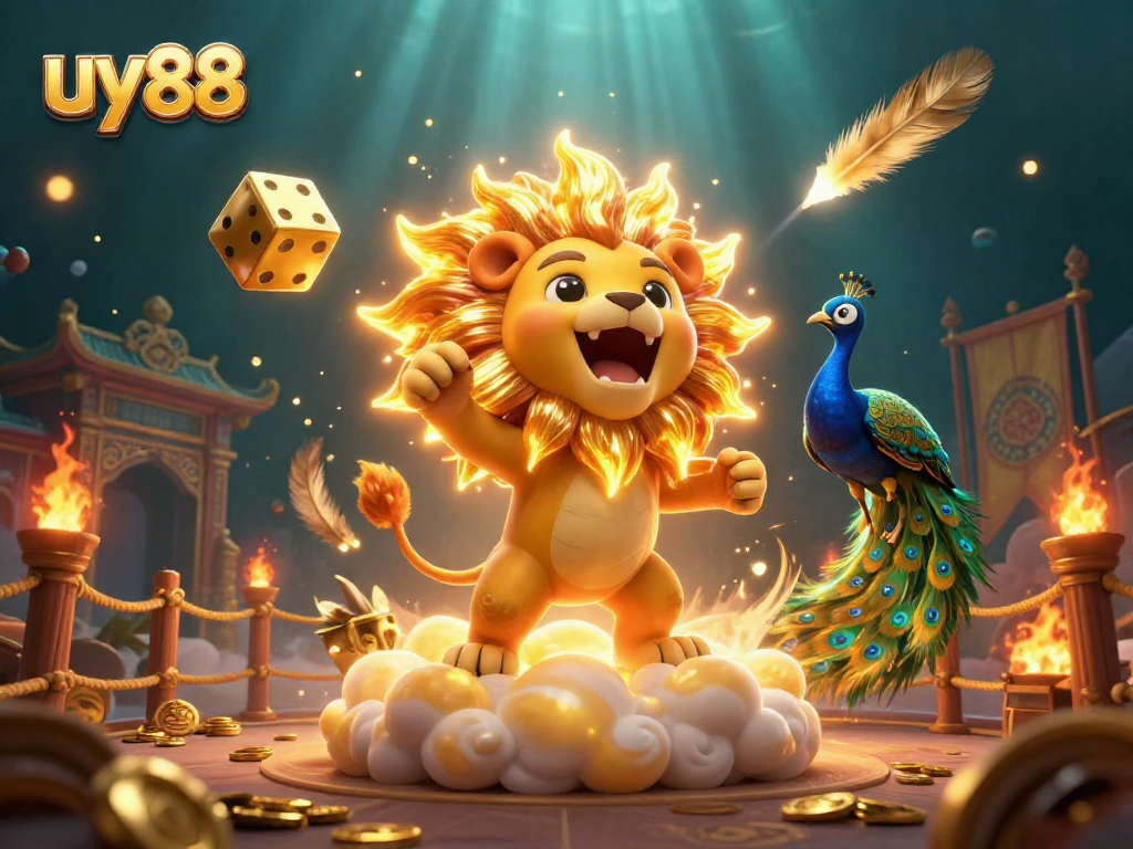 Experience the excitement of uy88 with a dynamic scene featuring a golden lion, dice, and vibrant casino elements