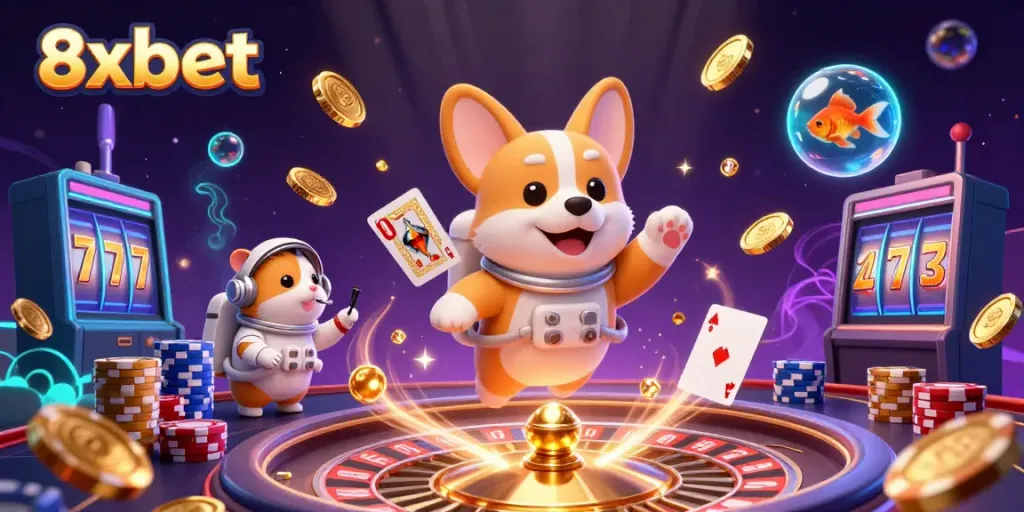 Experience thrilling action with 8xbet in a vibrant space casino scene featuring unique characters.