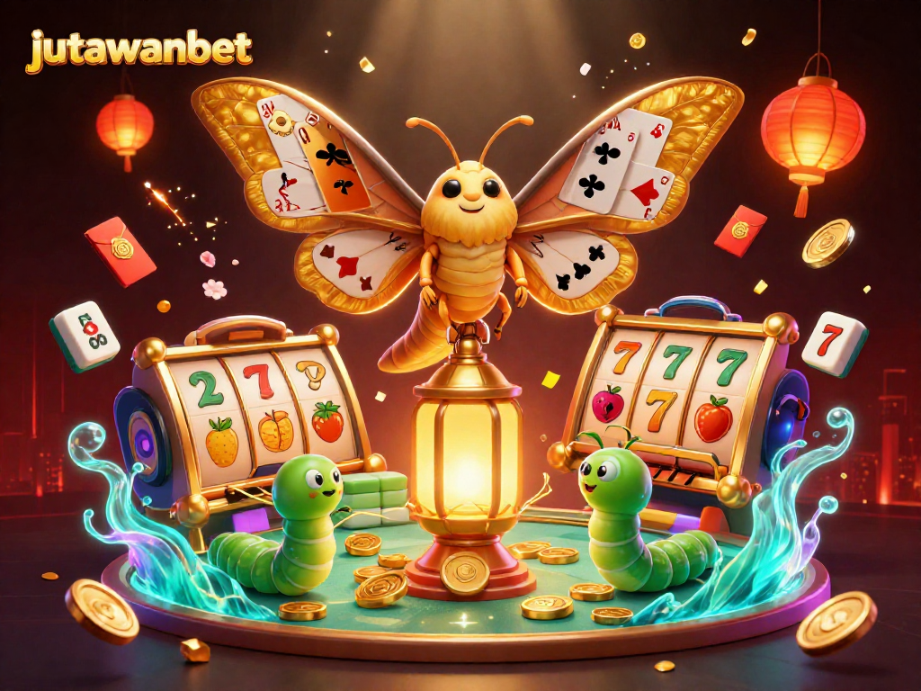 Spin the exciting slots on jutawanbet with golden-themed illustrations and dynamic casino elements.