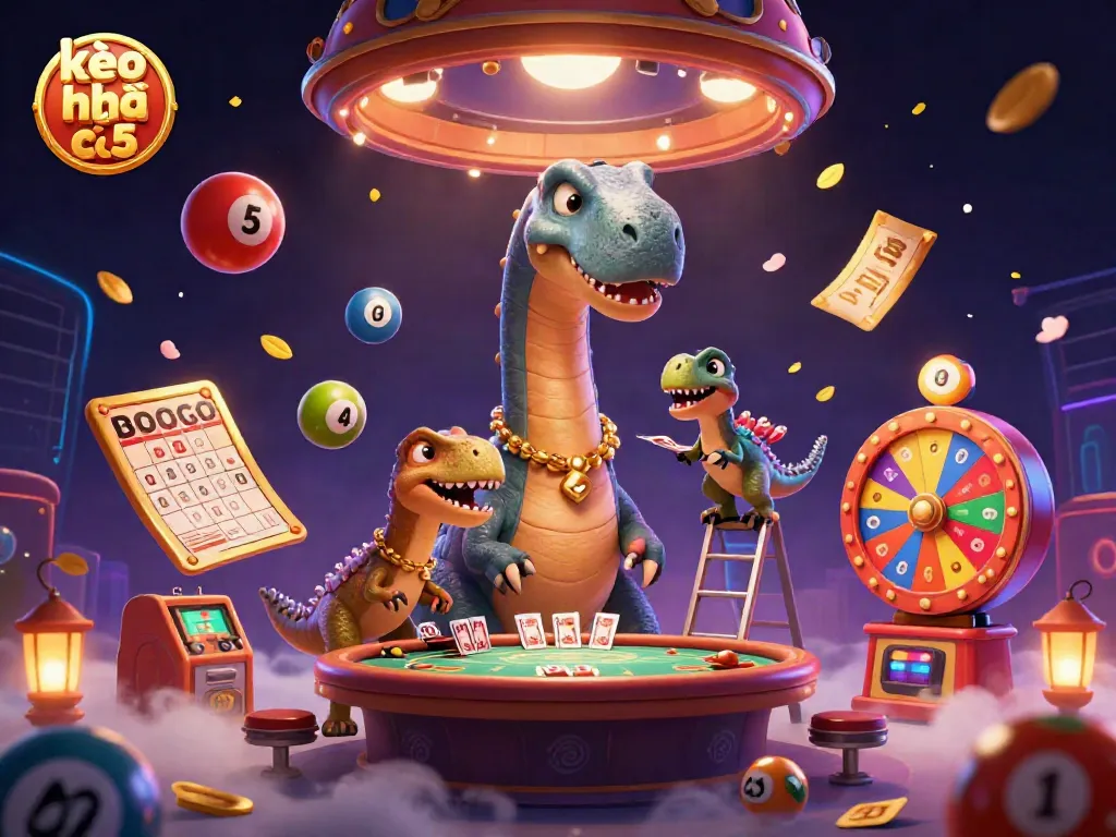 Engaging kèo nhà cái 5 scene with a giant brontosaurus and raptor dealer in a dynamic casino setting.