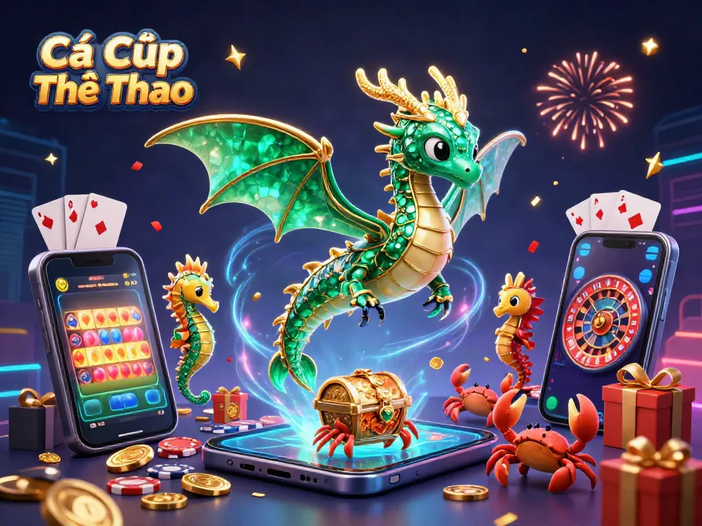 Engaging Cá Cược Thể Thao-themed scene showcasing a sea dragon, smartphone sports game, and festive decorations.