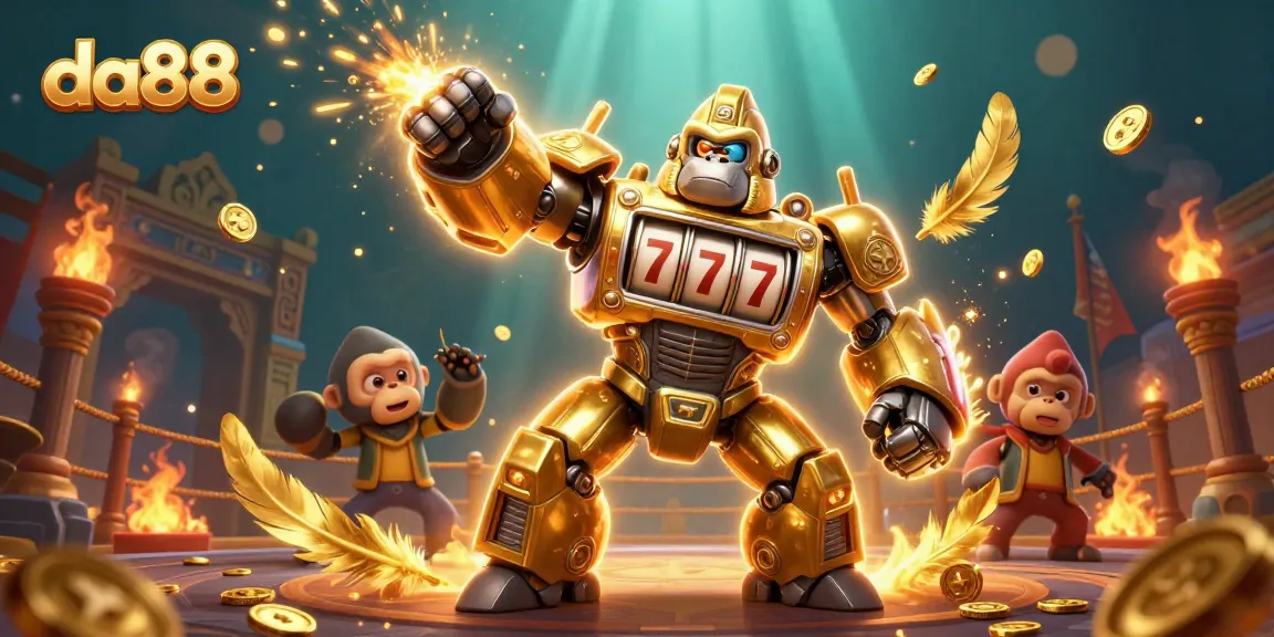 Engage with da88’s thrilling gaming experience featuring a golden gorilla mech amid dynamic casino elements.