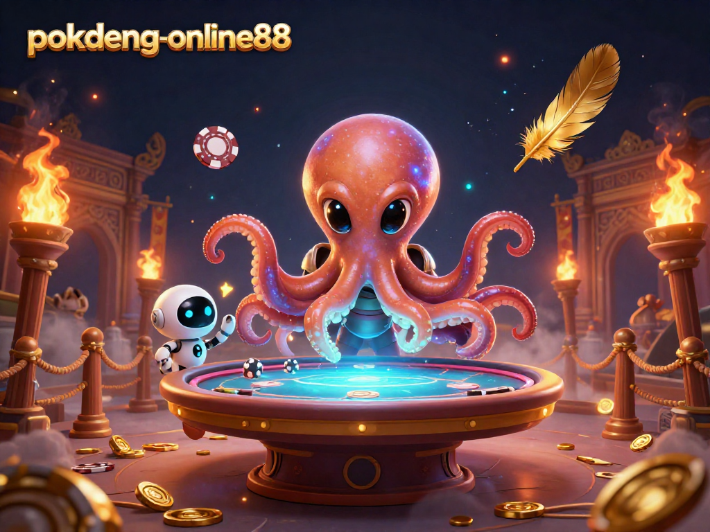 Poker excitement at pokdeng-online88 with an alien octopus managing a holographic table in a vibrant cosmic setting.