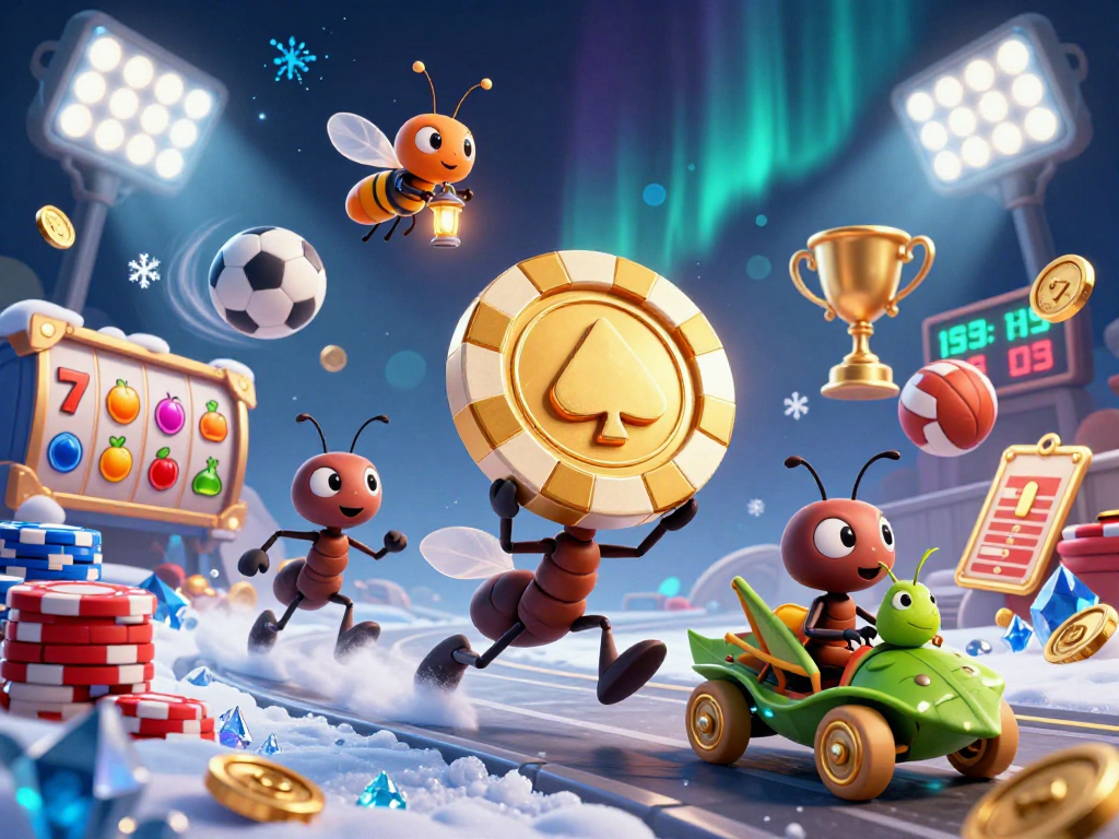 Experience gambling thrills with go88chinhthuc as ants ingeniously steal a giant poker chip in a lively casino scene.