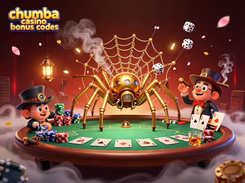 Engaging illustration of chumba casino bonus codes with a golden spider web, poker elements, and a Victorian fly character.