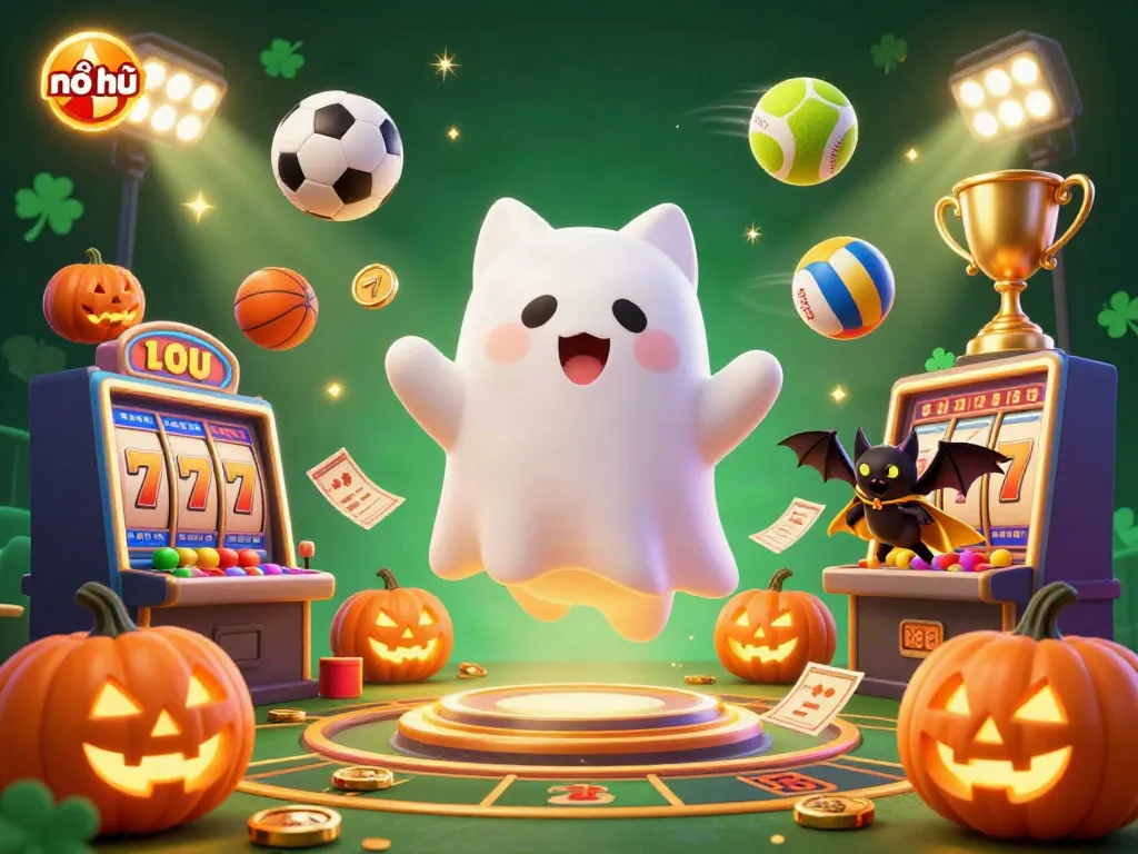 Experience the excitement of nổ hũ with a playful ghost cat and a bat amid dynamic casino elements.